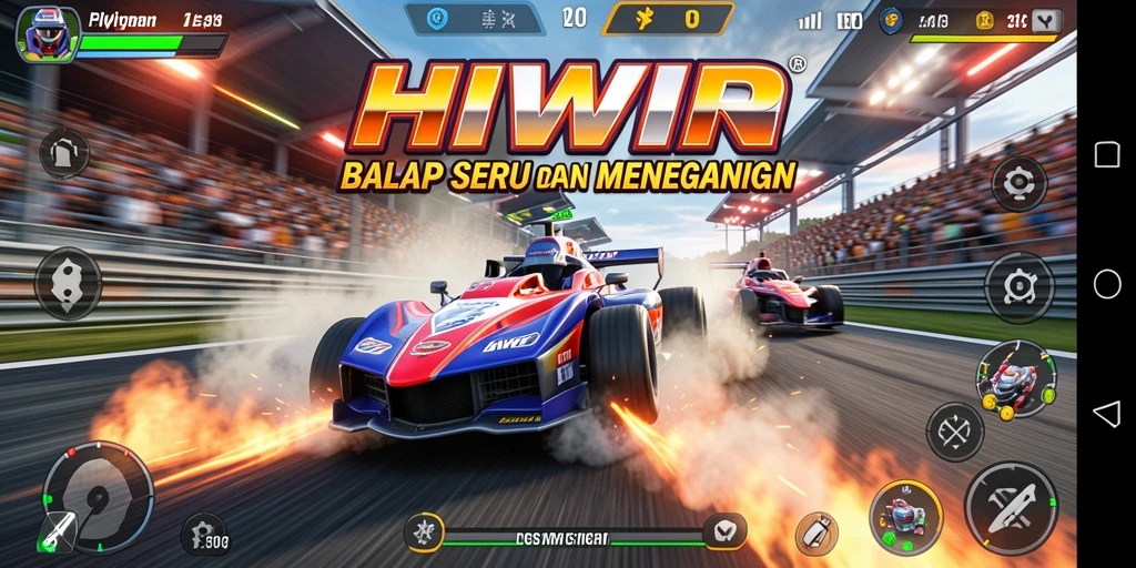 Tampilan gameplay HIWIN dengan balapan yang mendebarkan dan mobil berkecepatan tinggi.
