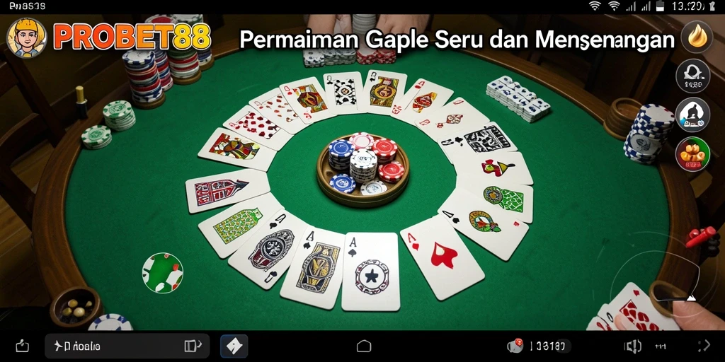 Screenshot PROBET88 menampilkan pemain sedang bermain Gaple dengan antarmuka yang menarik.