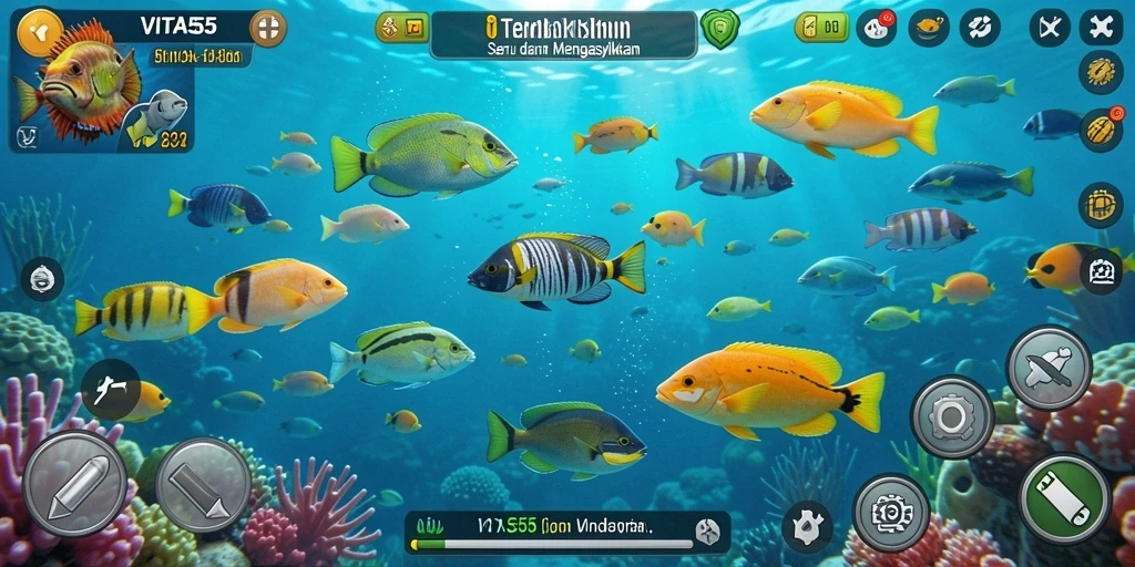 Screenshot gameplay seru VITA555 saat menembak ikan.